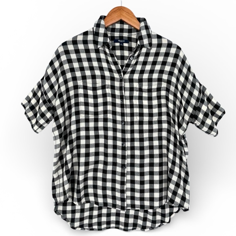Madewell Short Sleeve Flannel Courier Shirt XXS Black Cream Gingham